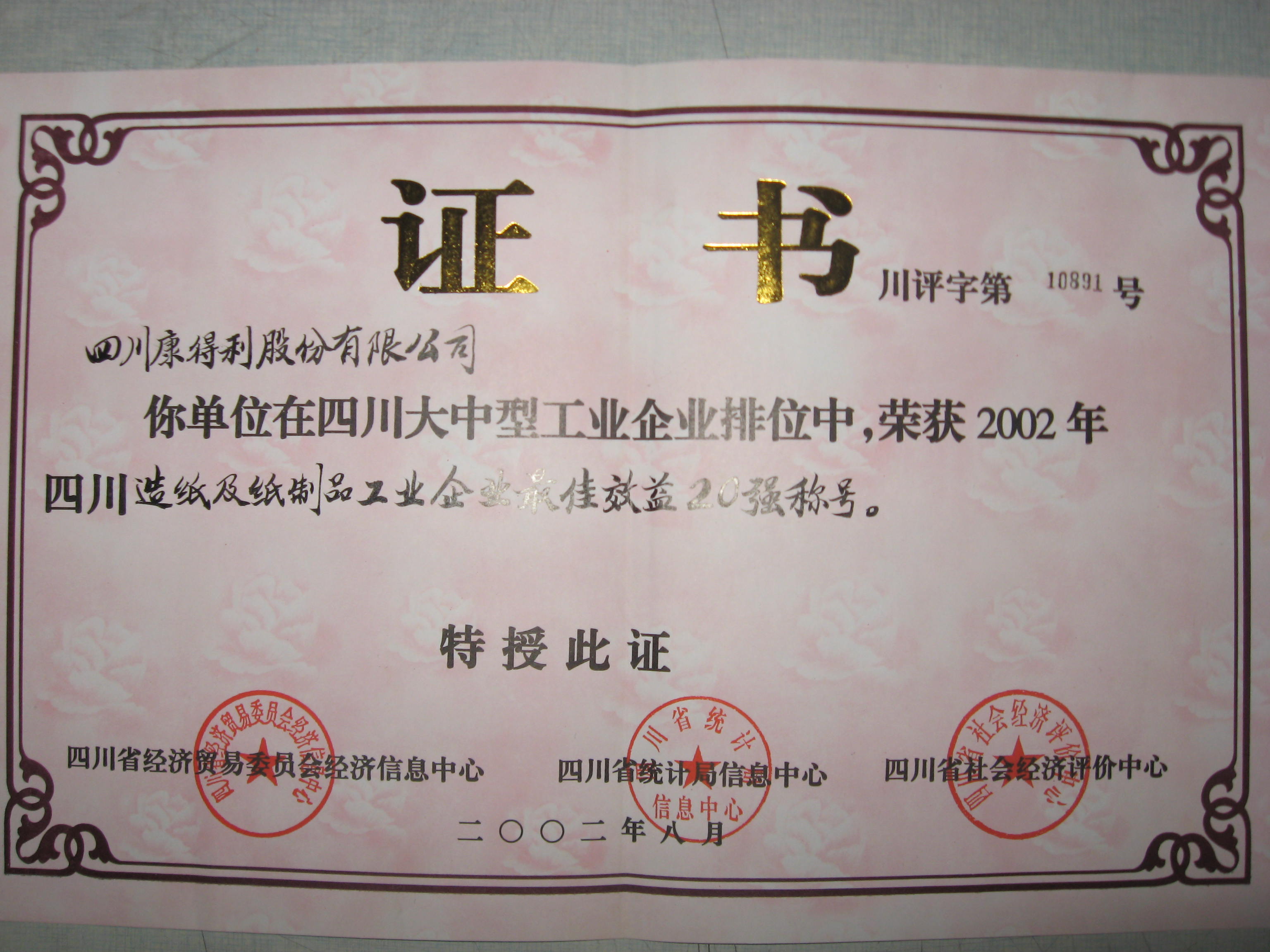 2002四川造紙及紙制品工業(yè)企業(yè)最佳效益20強(qiáng)