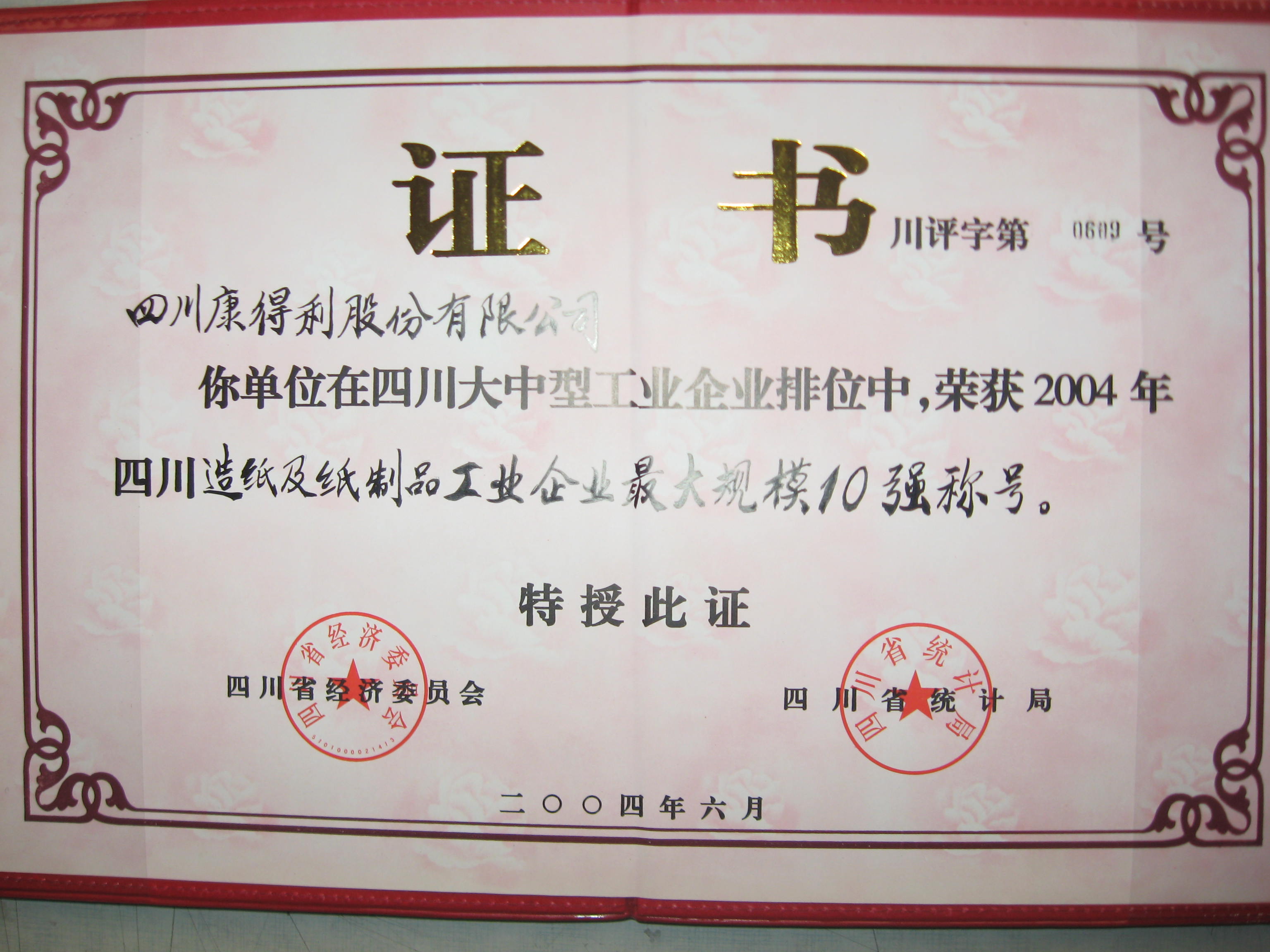 2004四川造紙及紙制品工業(yè)企業(yè)最大規(guī)模10強(qiáng)